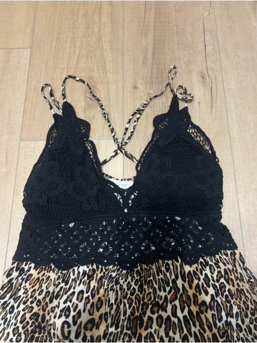 LA MIEL Black Lace Top with Leopard-Print Straps - Picture 2 of 4